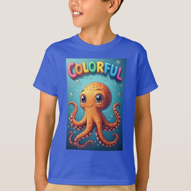 Färgglad Tecknad Bläckfisk Undervattensscen T Shirt (Framsida)