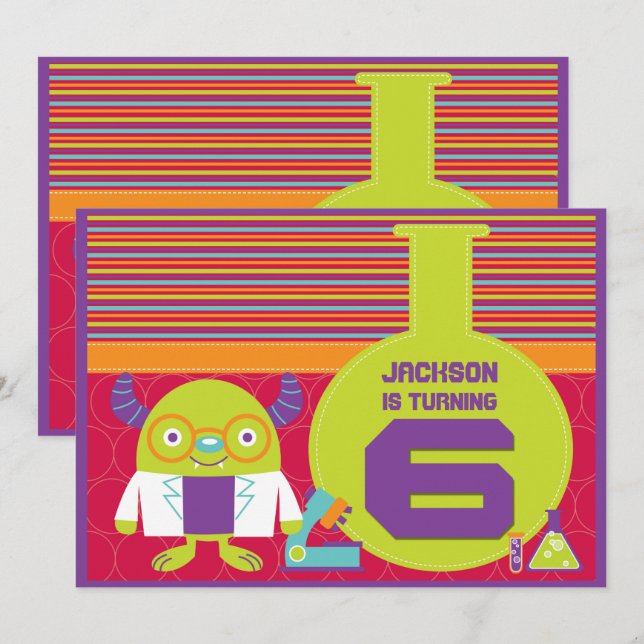 Färgglad Tecknad Galen Vetenskapsman 6-års Födelse Inbjudningar (Fram/baksida)