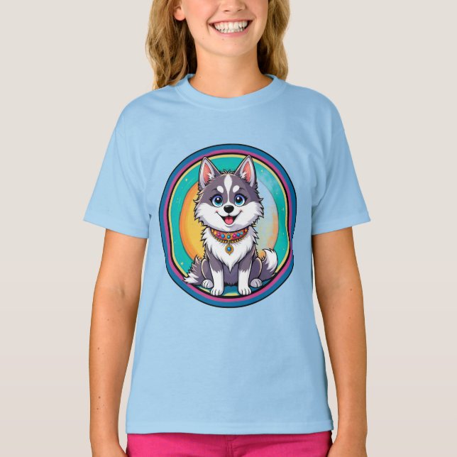 Färgglad Tecknad Glad Hund T Shirt (Framsida)