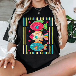 Färgglad tropisk fisk folkkonst kust hav t shirt