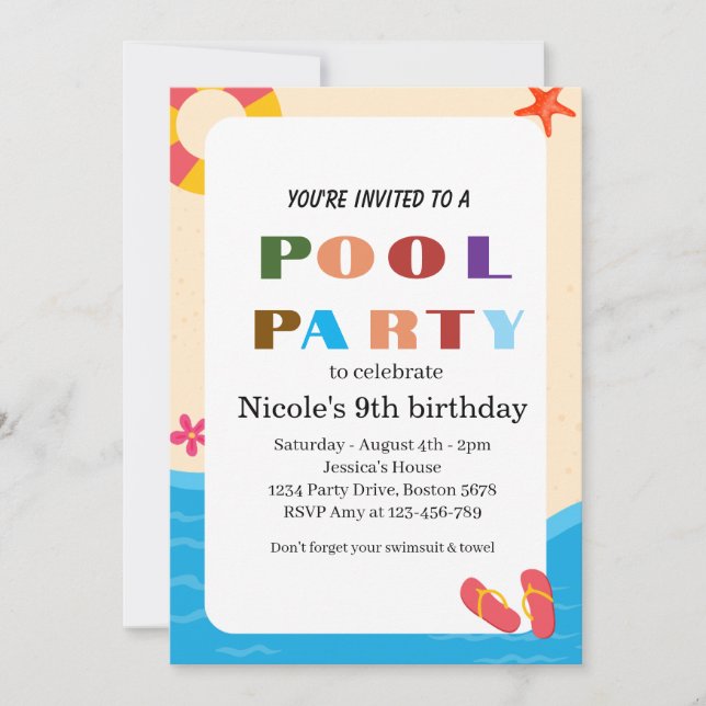 Färgglad Tropisk Poolparty 9-års Födelsedag 2026 Inbjudningar (Framsida)
