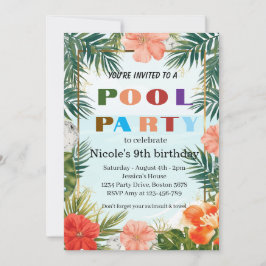 Färgglad Tropisk Poolparty 9-års Födelsedagsfest  Inbjudningar