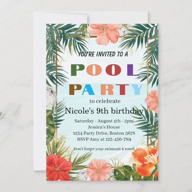 Färgglad Tropisk Poolparty 9-års Födelsedagsfest  Inbjudningar (Framsida)