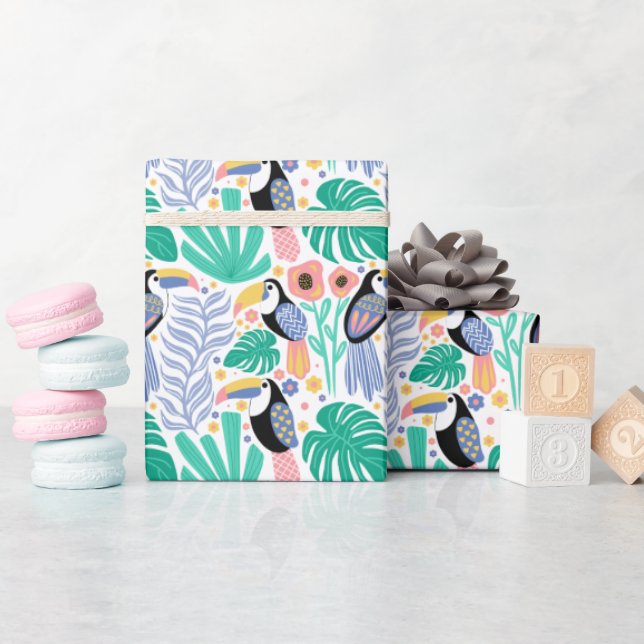 Färgglad tropisk tukan fågel blommor växter presentpapper (Baby Shower)