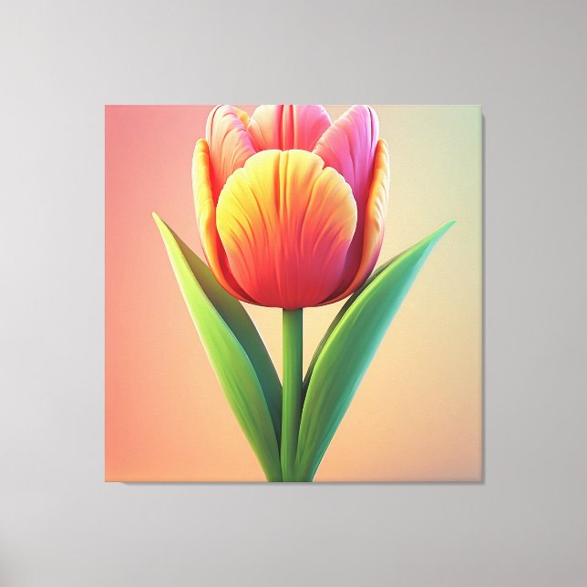 Färgglad tulpanblomning med gröna blad canvastryck (Framsida)