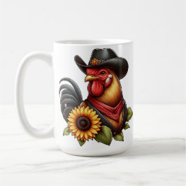 Färgglad tupp i cowboyhatt med solros kaffemugg