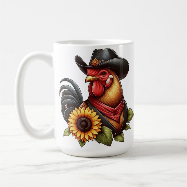 Färgglad tupp i cowboyhatt med solros  kaffemugg (Vänster)
