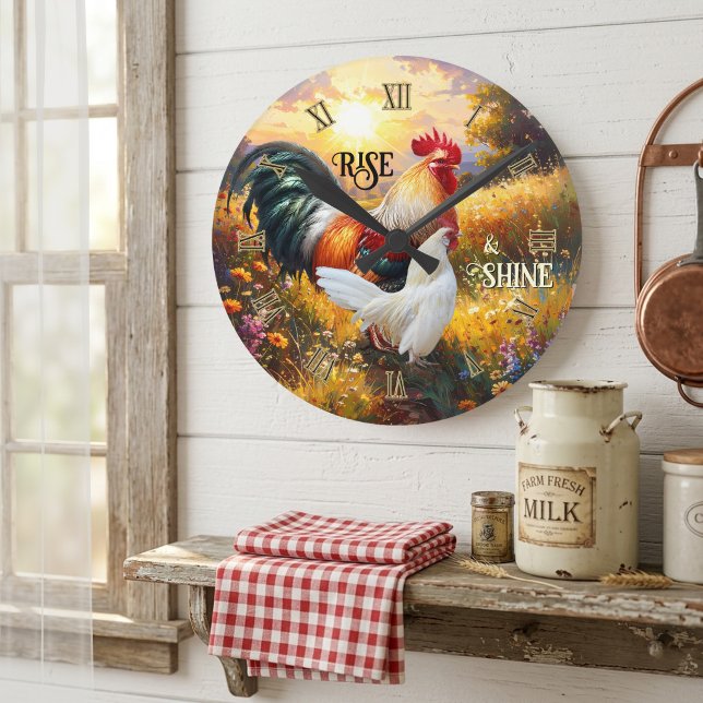 Färgglad Tupp som väcker dig Rund Klocka (Rise and shine wall clock featuring a colorful painting of two roosters at sunrise)