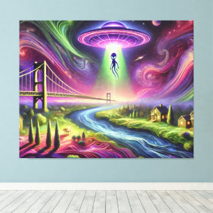 Färgglad UFO-bortförandescen Alien och kosmisk him Canvastryck