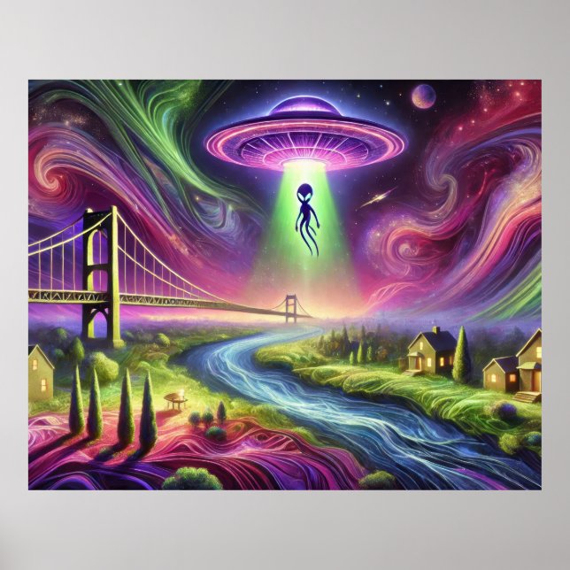 Färgglad UFO-bortförandescen Alien och kosmisk him Poster (Framsidan)
