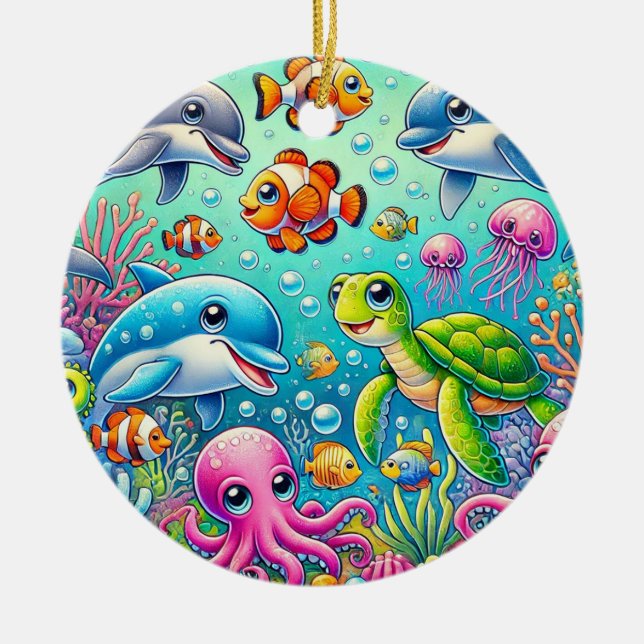 🌊 Färgglad undervattensglöd 🐠 Lekfullt havsliv Julgransprydnad Keramik (Framsidan)