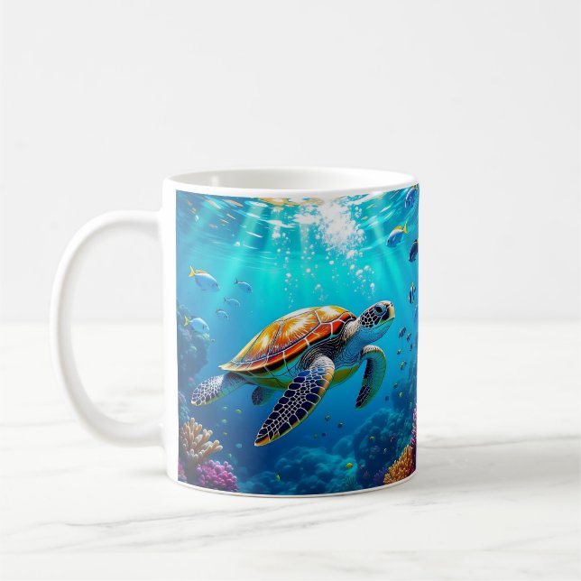 Färgglad undervattensscen med havssköldpadda   kaffemugg (Vänster)