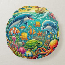 Färgglad Undervattensscen med marint liv Rund Kudde