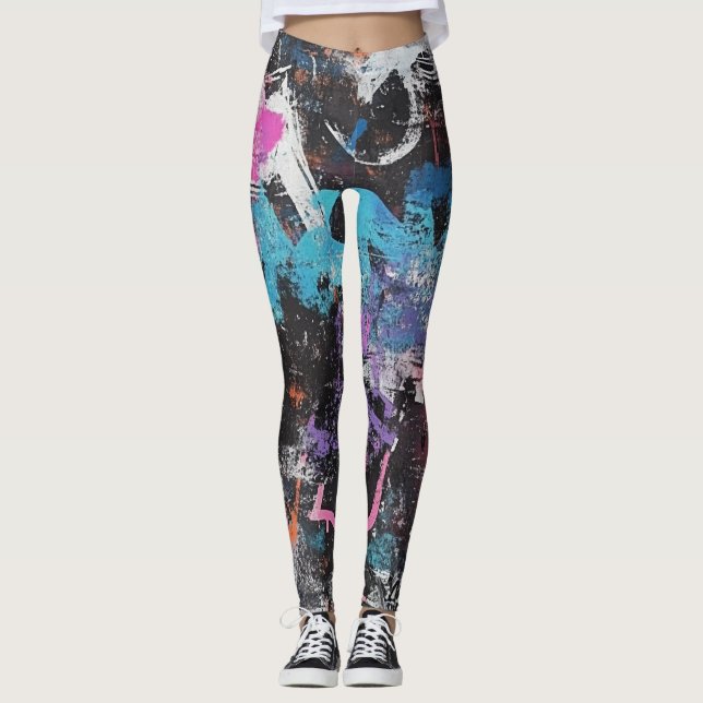 Färgglad Urban Graffiti Abstrakt Lila Blå Svart Leggings (Framsida)