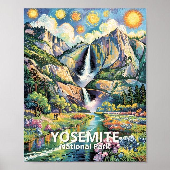 Färgglad vandringsled för Yosemites vårvattenfall Poster (Framsidan)