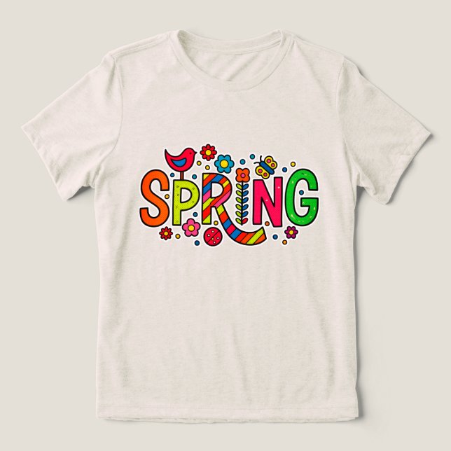 Färgglad vår med blommor och fåglar t shirt (Design Framsida)