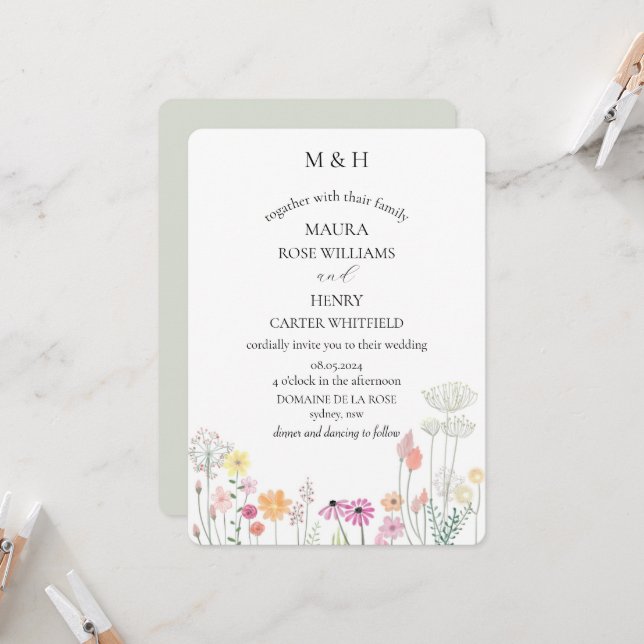 Färgglad vår  Vildblomme-monogram  Inbjudningar (Fram/Back In Situ)