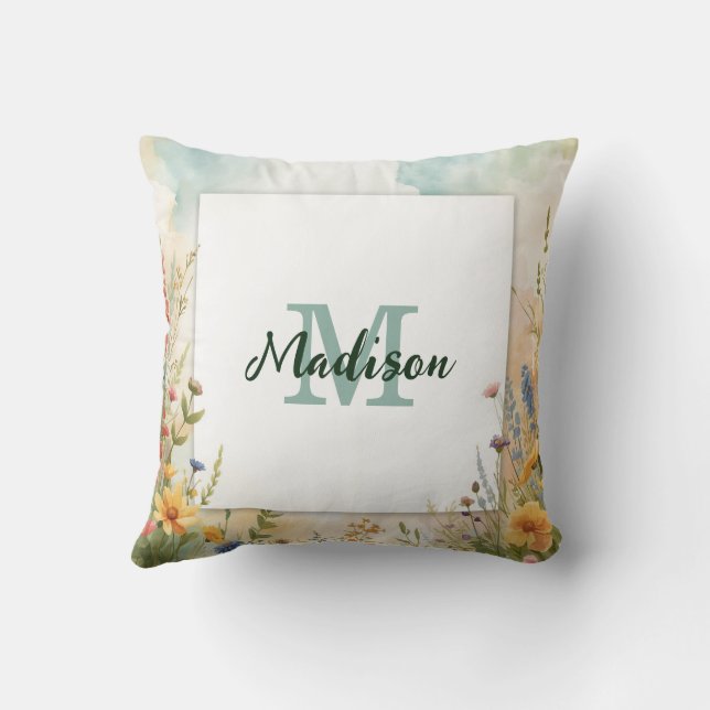 Färgglad vårblomma vildblomma monogram ram kudde (Baksida)