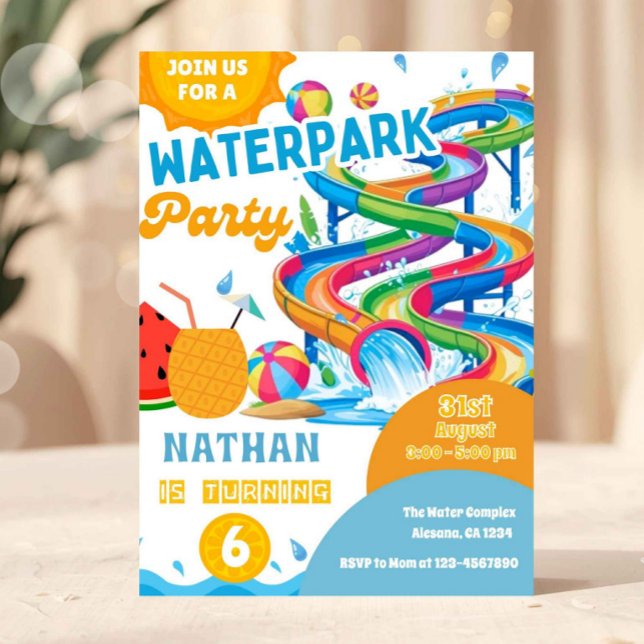 Färgglad vattenpark födelsedagsinbjudan inbjudningar (waterpark birthday invitation, pool party invite, summer birthday invitation, splash party invite, w)