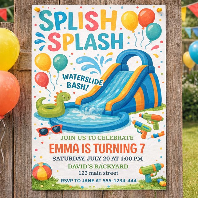 Färgglad Vattenrutschbana Splash Födelsedagsfest D Inbjudningar (Splash Splash Birthday Invitation Water Slide Pool Party for Kids)
