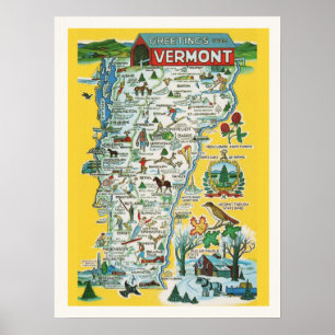 Färgglad Vermont-karta 18 x24 tryck
