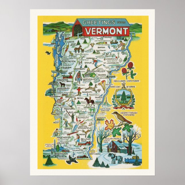 Färgglad Vermont-karta 18 x24 tryck (Framsidan)