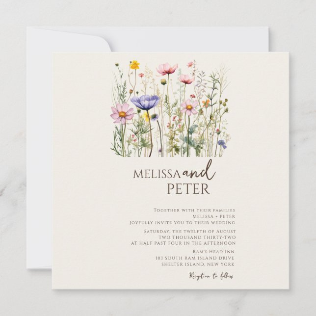 Färgglad Vildblomma Beige Monogram Foto Bröllop Spara Datumet (Framsida)