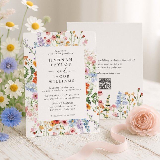 Färgglad Vildblomma Blommig QR-kod RSVP Bröllop Inbjudningar (Skapare uppladdad)