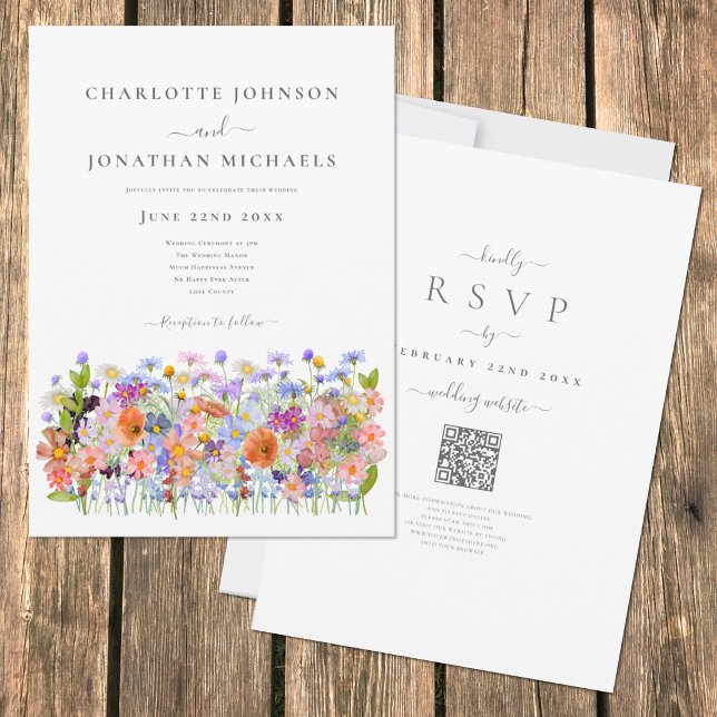 Färgglad Vildblomma Boho QR-kod Bröllop Inbjudningar (Boho wildflower meadow colorful watercolor wedding invitation with elegant typography script )