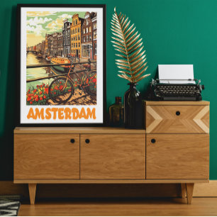 Färgglad Vintage Amsterdam Nederländerna Kanal Sta Poster
