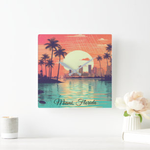 Färgglad Vintage Retro Miami Florida Resa Fyrkantig Klocka