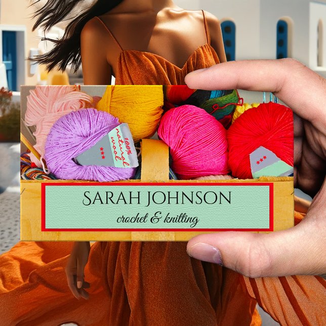 Färgglad Virkad och Stickad Ull Näringsidkarens Vi Visitkort (Business card featuring a basket with wool in bright colors - artisan - handmade - knitted - maker)