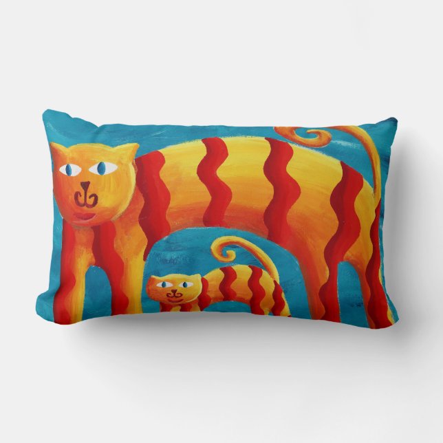 Färgglad Whimsical Böjd Katt och Kittel Lumbarkudde (Framsida)