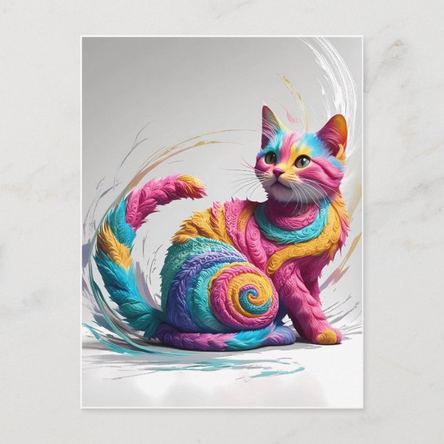 Färgglad Whimsical Regnbåge Katt Konst Vykort (Framsida)