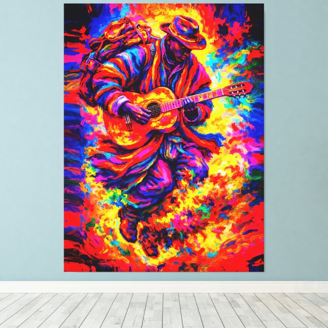 Färgglada Abstrakt Gitarrspelande Duo Impasto Canvastryck (Insitu (trägolv))