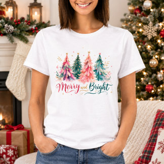 Färgglada akvarell julgranar glada och ljusa t shirt
