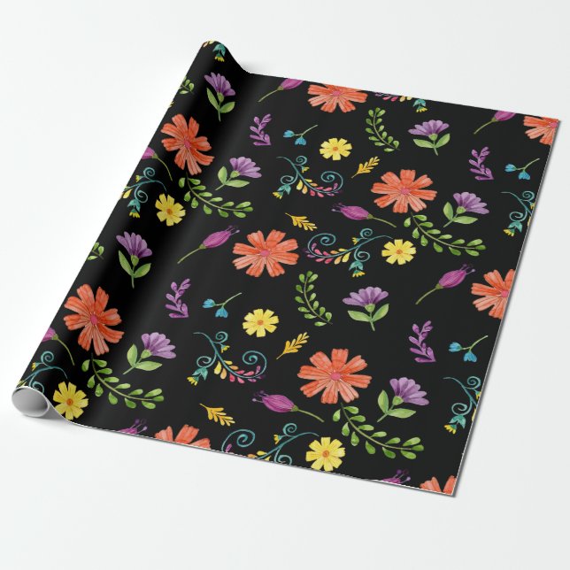 Färgglada akvarell mexikansk fiesta blommor presentpapper (Utrullad)