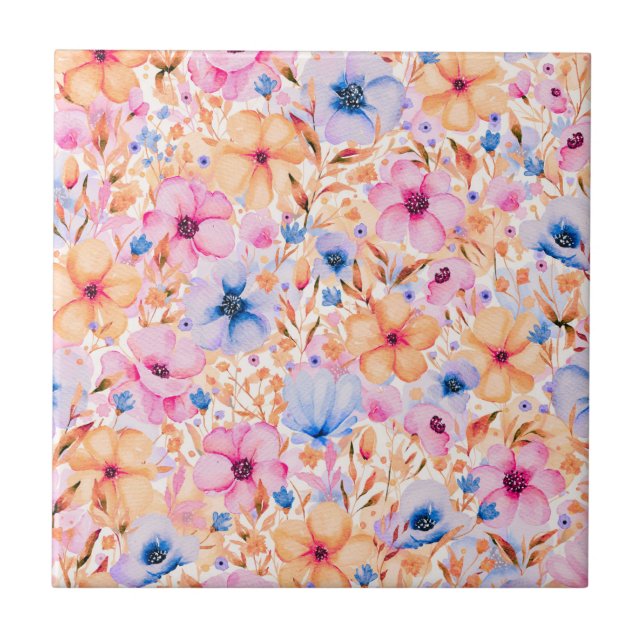 Färgglada akvarell vilda blommor blomstermönster kakelplatta (Framsidan)