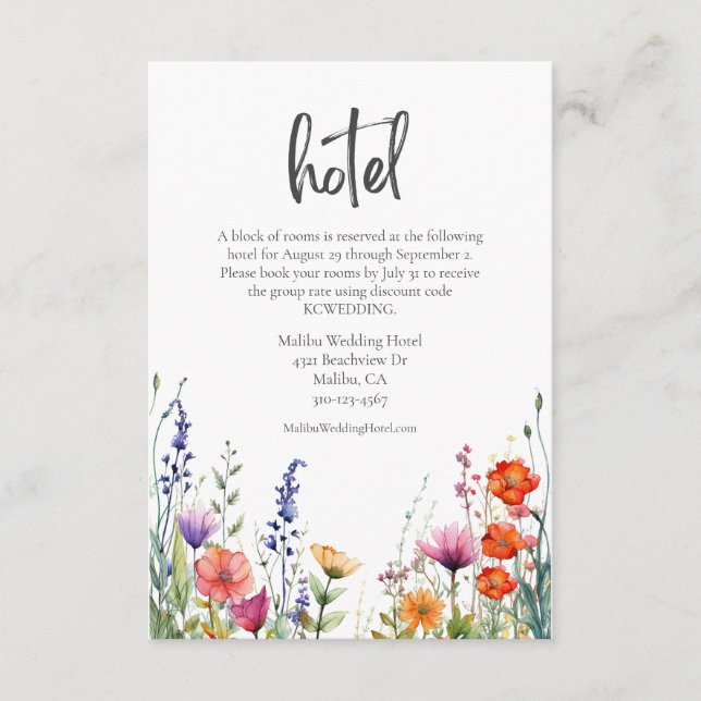 Färgglada akvarell vilda blommor bröllopshotell tilläggskort (Framsida)