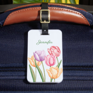 Färgglada akvarelltulpanblommor med anpassat namn bagagebricka