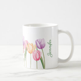 Färgglada akvarelltulpanblommor med anpassat namn kaffemugg
