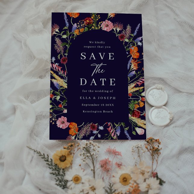 Färgglada akvarellvildblommor Navy Bröllop Spara Datumet (Skapare uppladdad)