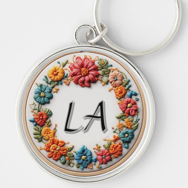 Färgglada alfabetet glöder 🌈 Broderad bokstav Rund Silverfärgad Nyckelring (Framsidan)
