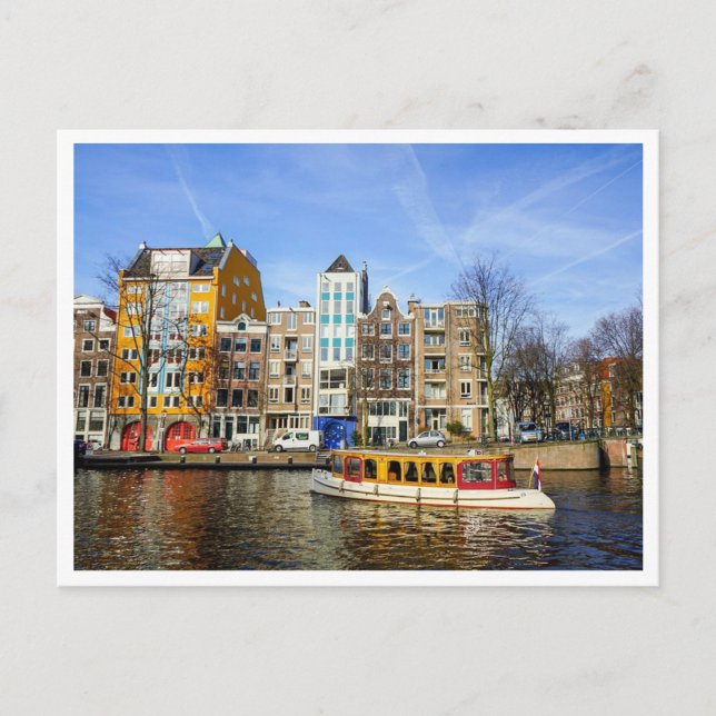 Färgglada Amsterdam Kanalhus & Båt Vykort (Framsida)