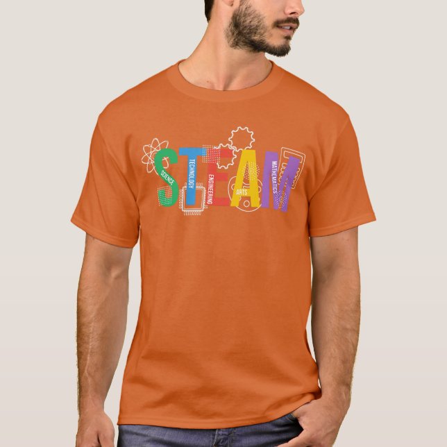 Färgglada ångbokstäver för Steam Program Teacher A T Shirt (Framsida)