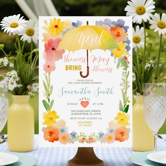 Färgglada aprilskurar Gul paraply Baby Shower Inbjudningar (Skapare uppladdad)