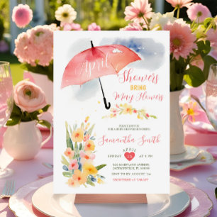 Färgglada aprilskurar Röd paraply Baby Shower Inbjudningar