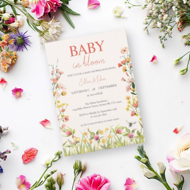 Färgglada Baby in Bloom Vildblomma Barnkalas Inbjudningar (Skapare uppladdad)