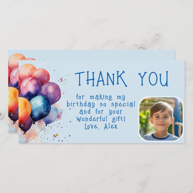 Färgglada ballonger barn födelsedagsfoto  tack kort (Fram/baksida)