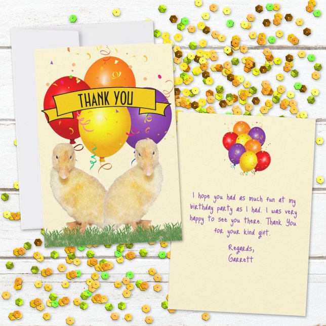 Färgglada ballonger för ankungar barnkalas tack kort (Send a thank you to all your guests who attended the birthday party with this cute flat card.  )